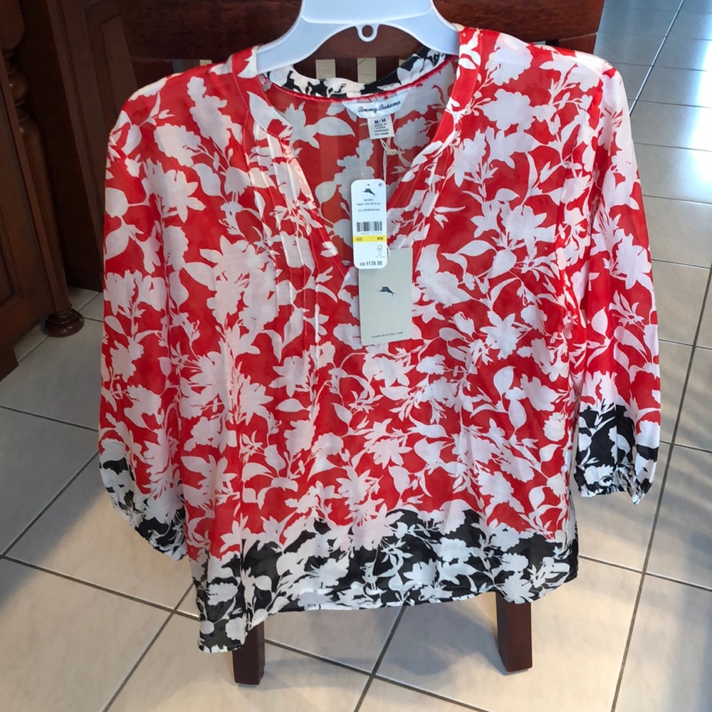 Tommy Bahama Red and White Floral V-Neck Blouse
